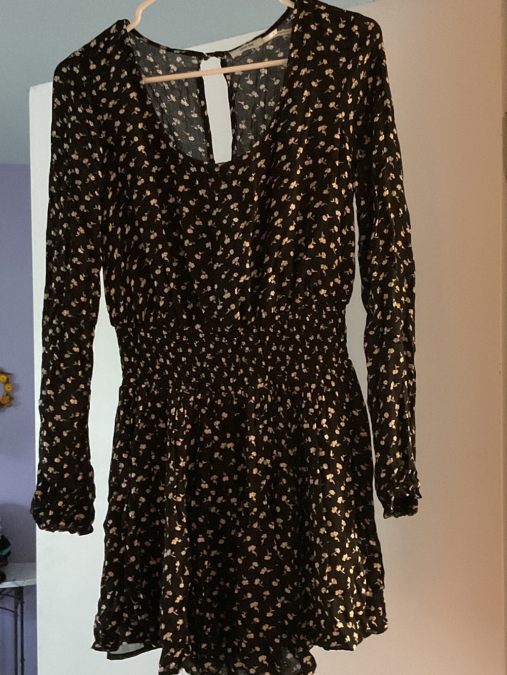 Kimchi Blue Black Long-Sleeve Floral Smocked Waist Mini Dress